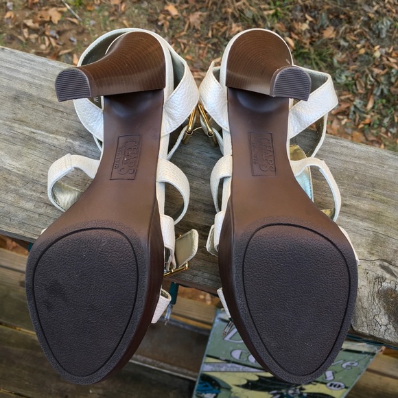 Chaps Winter White Strappy Embossed Leather Heels - Picture 6 of 8